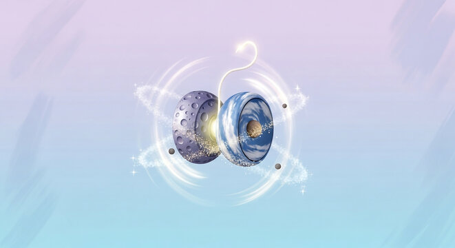 Two mystical, disc-shaped objects with a glowing energetic core, surrounded by swirling light and particles against a soft gradient background.