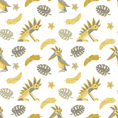 Fototapeta premium Seamless tropical pattern with hand drawn stylized fantasy bird, animal, palm leaves, frangipani flowers in grey and yellow on transparent background. Ideal for textile, wallpaper, home decoration
