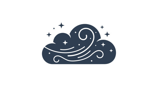 a dark blue cloud with white swirls and stars.