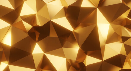Fototapeta premium Textured golden low poly terrain with triangular peaks and valleys in abstract digital art for high-tech wallpaper concept