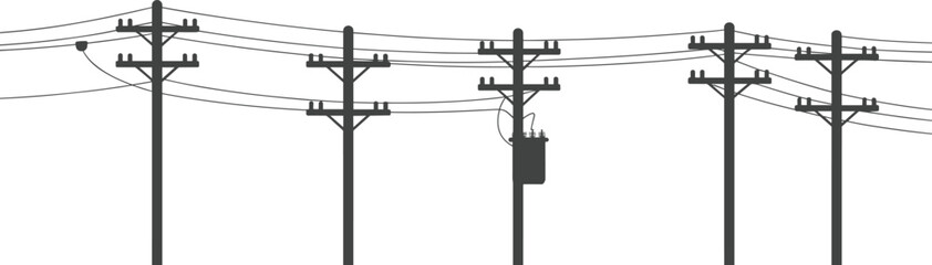 Utility poles with electrical transformer, overhead power lines distribution system, rural energy infrastructure, electricity grid connection, industrial technology © meftahul creatives