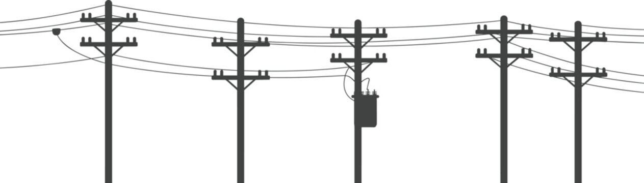 Utility poles with electrical transformer, overhead power lines distribution system, rural energy infrastructure, electricity grid connection, industrial technology