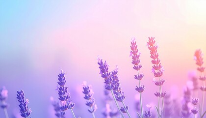 Fototapeta premium Soft focus lavender field with pastel gradient sky and gentle sunlight