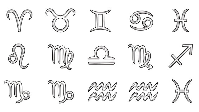 Zodiac symbols in black line isolated on a transparent background