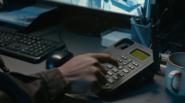 Close up shot of unrecognizable African American man pressing keys and entering digits into landline phone while making calls from security control room during night shift