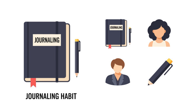 Journaling habit set featuring a closed journal, pen, and diverse female user avatars, emphasizing personal growth and self-reflection on isolated white background.