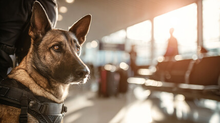 Airport security dog, a working Belgian Malinois, vigilant and focused, providing detection and protection services for travel