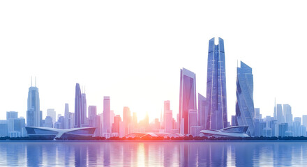 Naklejka premium Futuristic city skyline with modern architecture reflecting in calm water