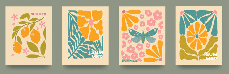 An abstract set of greeting cards with the inscription Hello Summer. Hand-drawn waves, leaves, and flowers. Vintage grain texture. Template for packaging, banners, and advertising. Vector © Riva