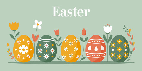 Easter banner. Modern easter greeting card. Easter horizontal seamless pattern. Minimal flat vector illustration, easter decoration, eggs with flowers for poster. Easter border. Trendy Easter design © Nataliia