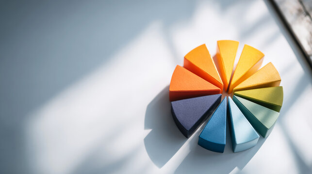 Colorful pie chart segments illustrating data analysis, business strategy, options, and diversification