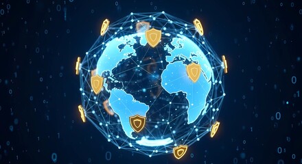 Futuristic global cyber security concept with golden shield icons on a blue digital network background