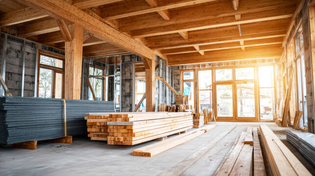 New house building interior framing with wooden beams and metal studs, unfinished apartment room construction glowing with sun