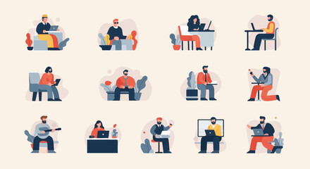 Fototapeta premium Diverse individuals engaged in various activities with technology and leisure