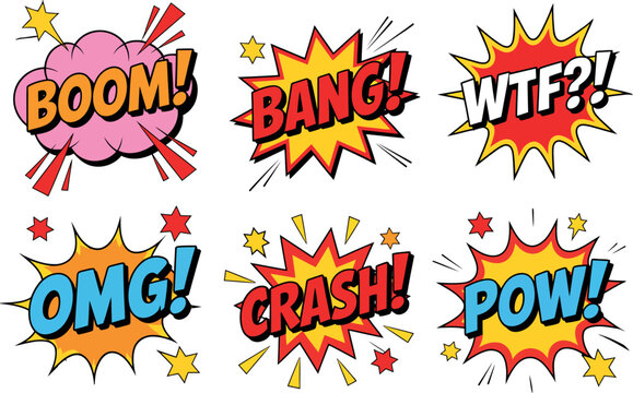 Vibrant comic book sound effects explode with dynamic energy. Colorful bubbles feature classic action words like boom, bang, and pow.