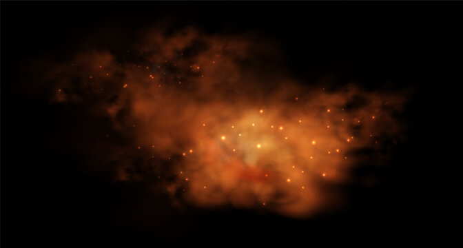  Abstract orange smoke effect with floating sparks creates dramatic fire atmosphere, ideal for overlay compositions with mysterious fog and burning ember elements.