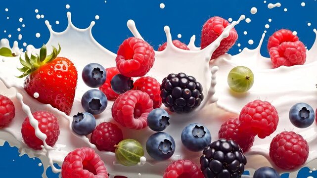 Fresh fruits mix with milk, creating a splash as they collide. Berries and other fruits fall into a pool of white liquid, making an exciting display of color and movement.