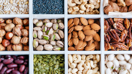 Assorted healthy nuts and seeds in grid, variety of raw superfoods providing nutrition and plant based protein