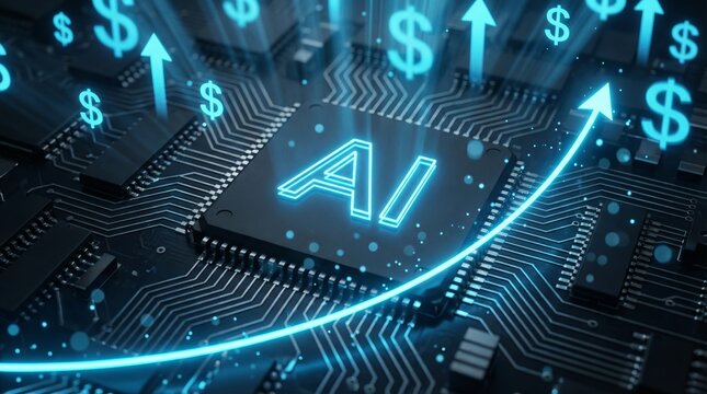 Glowing AI chip with dollar symbols and an upward trend line on a circuit board, data center expansion, rising compute costs, memory shortage.