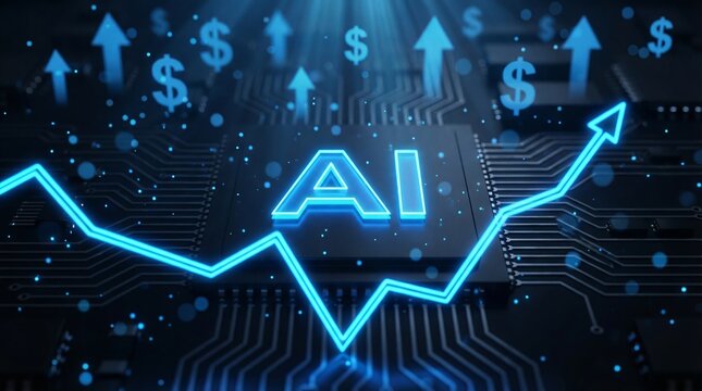 AI text with a rising chart line on a circuit board, data center expansion, higher computing costs, RAM market shortage.