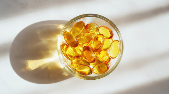 Golden fish oil capsules in glass bowl, offering healthy omega 3 fatty acids for well being