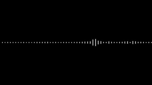 Minimal white audio waveform spectrum on black background, digital sound frequency line visualizer, music equalizer pulse animation for podcast streaming, voice recording and audio technology