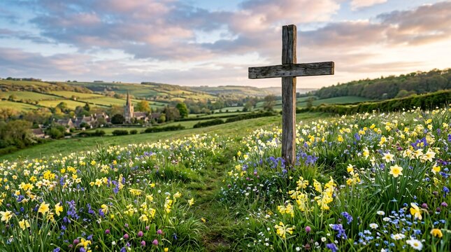 Empty Tomb Easter Sunrise &ndash; Jesus Resurrection Cross in Field of Spring Flowers