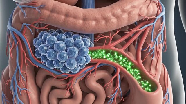 3D illustration of a cancerous tumor growing within the human digestive system, highlighting the pancreas and intestines.