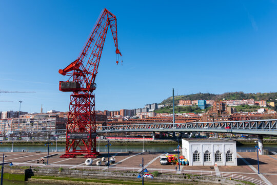 Bilbao Spain 12 03 2026 View of the historic Carola Crane beside the museum on the Nervi&oacute;n River waterfront