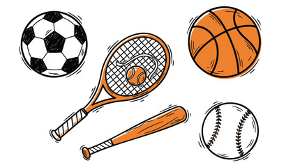 Set of 5 sports icons vector, soccer ball, tennis racket, basketball, baseball bat, baseball