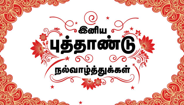A vibrant and colorful Tamil New Year greeting card with floral designs