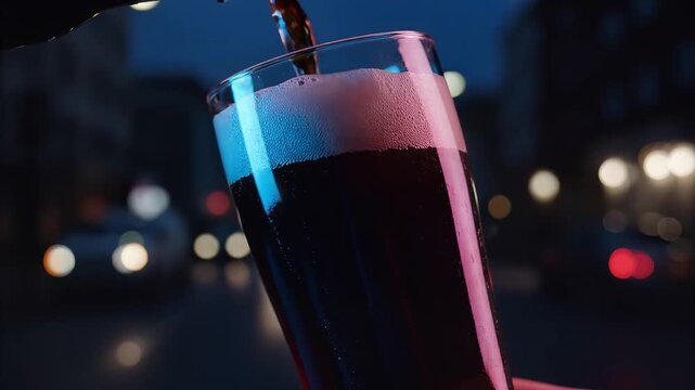 Brewing Nightcap: A glass is filled with rich, dark liquid and a frothy head, a refreshing and satisfying drink on a cool evening. This image captures the essence of relaxation and enjoyment.