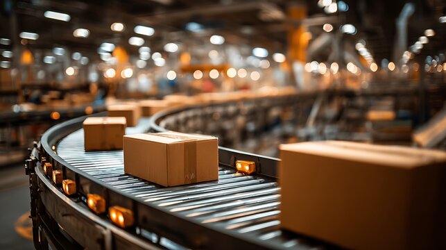 A conveyor belt in a warehouse with cardboard boxes moving through a modern industrial facility