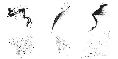 Grunge black ink splatter and paint brush stroke set isolated on transparent background, abstract distressed splashes scratches and brush marks, artistic grunge texture design elements collection