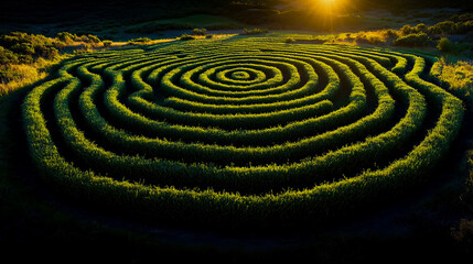 Naklejka premium Stunning overhead shot of verdant green garden labyrinth, featuring perfectly concentric hedges spiraling inwards, dramatically lit by radiant glow of setting sun.