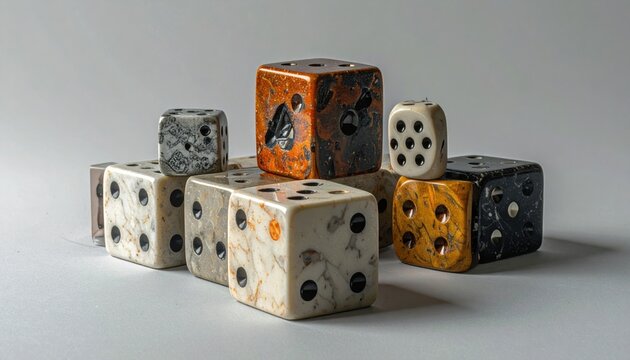 A vibrant collection of unique polyhedral gaming dice, including d4, d6, d8, d10, d12, and d20 types, artfully stacked on a plain surface.