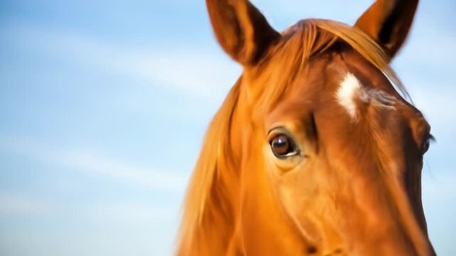 A close-up photo of a horse's head against a blue sky background