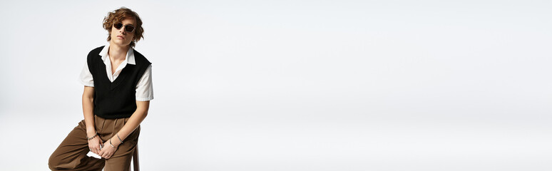 Stylish handsome man poses with confidence in modern fashion, showcasing unique style