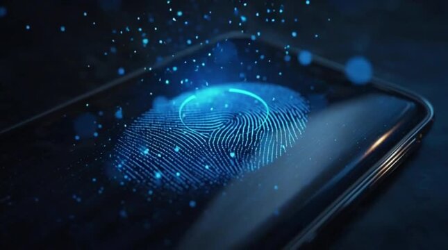 Biometric fingerprint scan on smartphone screen with blue glowing effect