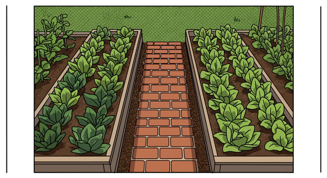 Raised garden beds with lush greens and brick pathway in a comic art style