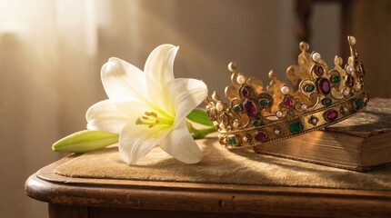 Obraz premium Royal crown with white lily flower lying on antique holy book. Religious symbol of Jesus Christ kingship for Easter celebration. Christian faith, divinity and resurrection concept.