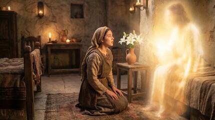 Fototapeta premium Woman kneeling before luminous figure of Jesus Christ in antique room. Biblical scene of annunciation or divine encounter. Religious art for Christian faith, church and worship concept.