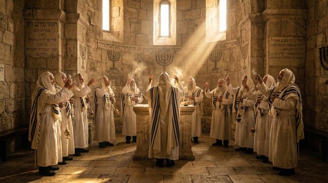 Group of Jewish men in tallit praying in front of stone altar inside ancient synagogue. Religious ceremony with incense and light rays. Sacred atmosphere of traditional worship ritual.