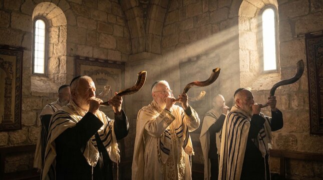 Jewish men blowing shofar horns inside ancient stone synagogue. Religious ritual during worship service. Spiritual gathering for prayer and tradition. Faithful community in historic temple.