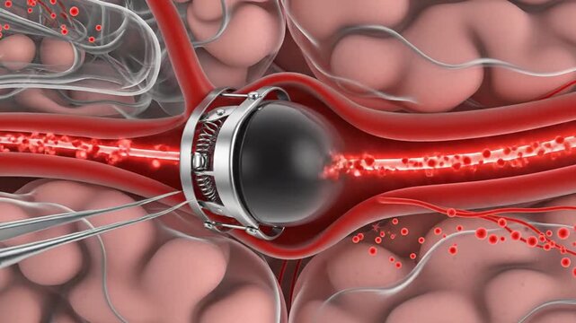 Close-up 3D illustration of a medical stent being deployed inside a human artery to treat an aneurysm.