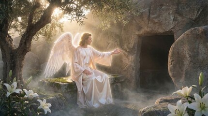 Naklejka premium Angel sitting by the open tomb of Jesus Christ. Biblical scene depicting the resurrection. Divine light and white lilies in a stone cave. Religious concept for Easter celebration.
