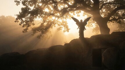 Naklejka premium Silhouette of an angel standing on a rocky hill by the empty tomb. Religious scene representing resurrection of Jesus Christ. Spiritual concept of hope, faith and divine holy light.