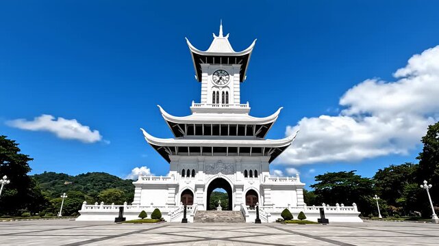 White East Asian style memorial gate with clock tower in public square