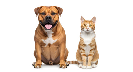 Obraz premium A brown dog and an orange cat sitting side by side on transparent background