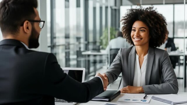 Professional handshake between a man and woman in a business meeting
